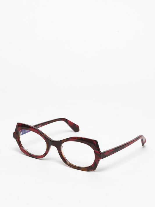 Flashback women's eyeglasses by Rewind Eyewear, marbled red acetate frame