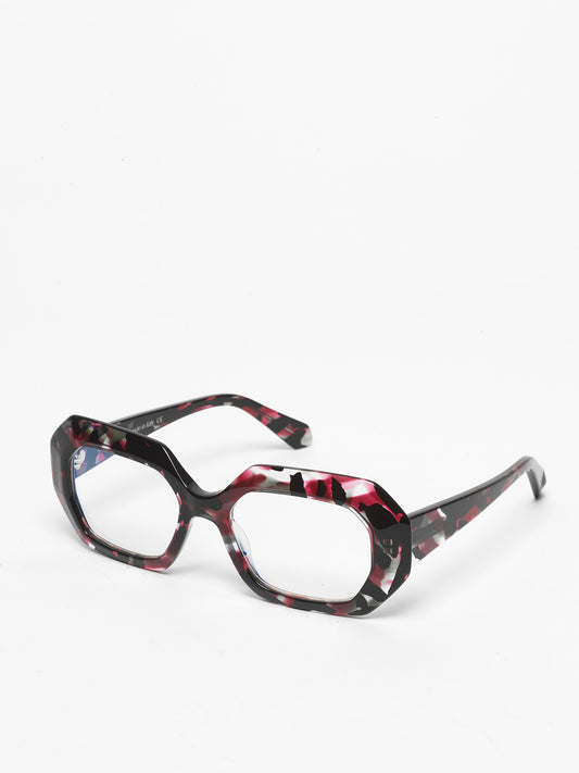 Storytelling women's eyeglasses by Rewind Eyewear, colorful black and red acetate frame