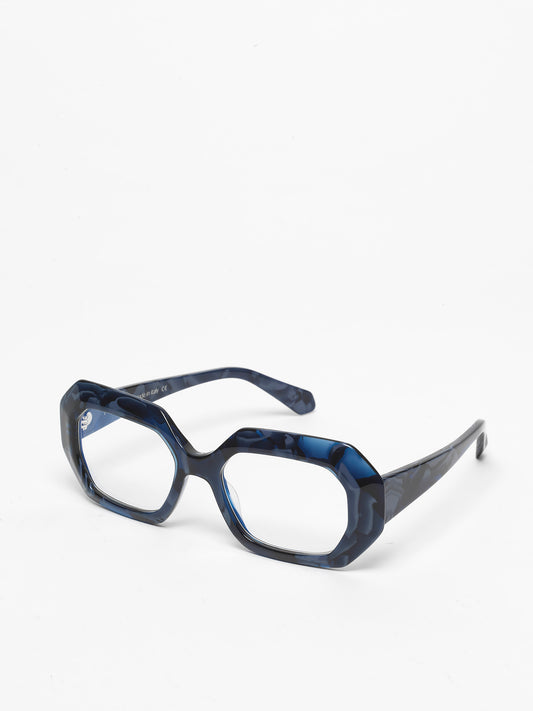 Storytelling women's eyeglasses by Rewind Eyewear, marbled blue acetate frame
