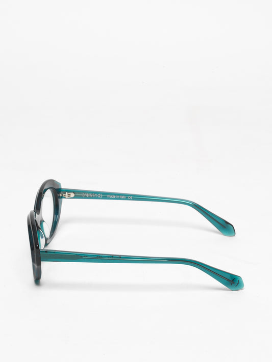 Timeline women's eyeglasses by Rewind Eyewear, petrol green transparent acetate frame