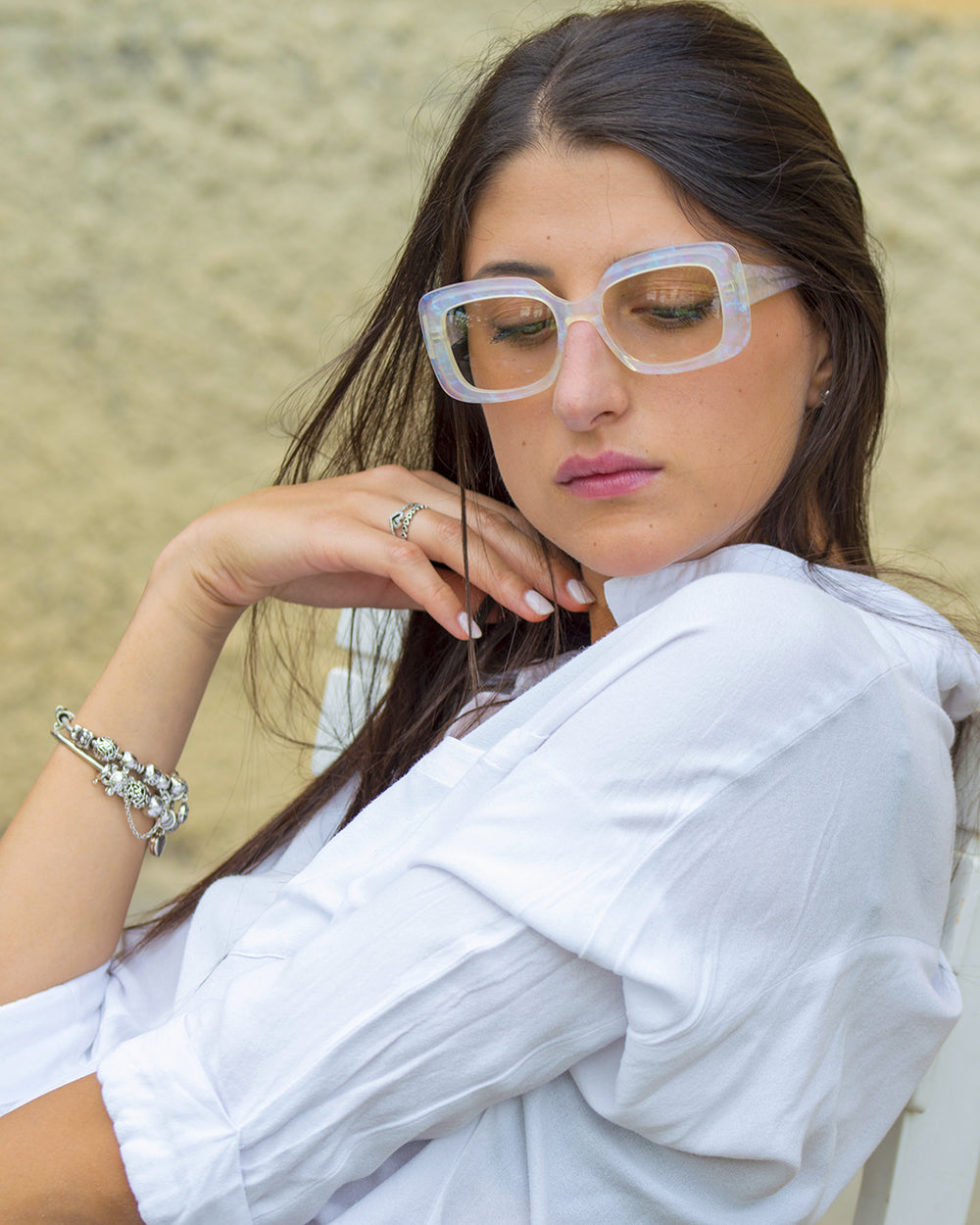 Deja-Vu unisex eyeglasses by Rewind Eyewear, opalescent pearl white acetate frame