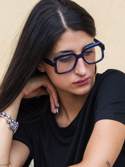 Looper unisex eyeglasses by Rewind Eyewear, blue tortoise acetate frame