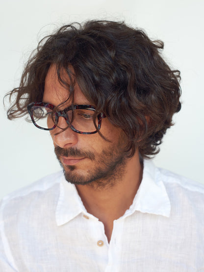 Memento unisex eyeglasses by Rewind Eyewear, black and red tortoise acetate frame