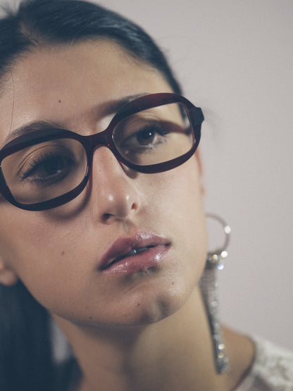 Sensitive unisex eyeglasses by Rewind Eyewear, dark red transparent acetate frame