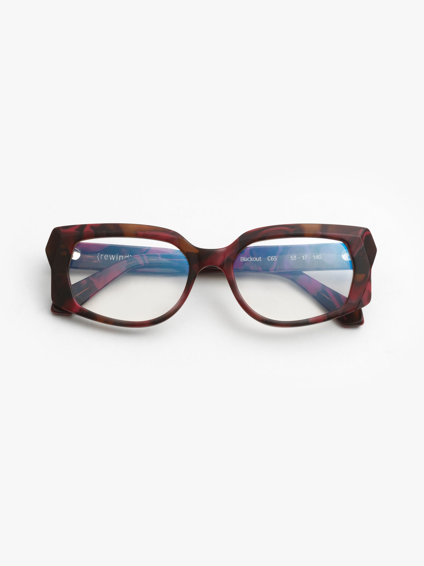 Blackout unisex eyeglasses by Rewind Eyewear, red marbled acetate frame