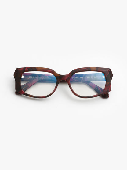 Blackout unisex eyeglasses by Rewind Eyewear, red marbled acetate frame