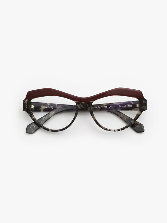The Butterfly Effect women's eyeglasses by Rewind Eyewear, red and grey tortoise acetate frame