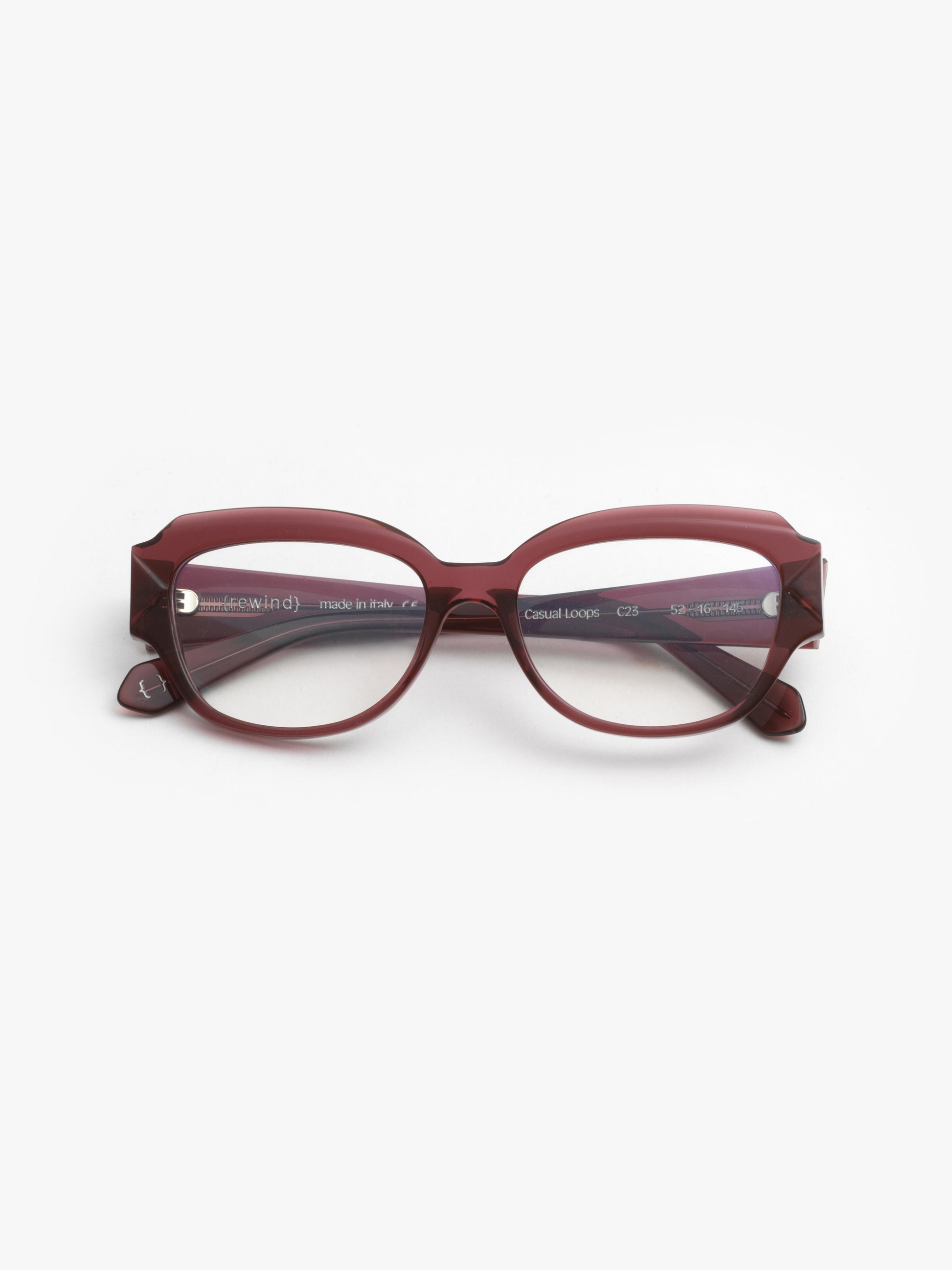 Casual Loops women's eyeglasses by Rewind Eyewear, marsala red transparent acetate frame
