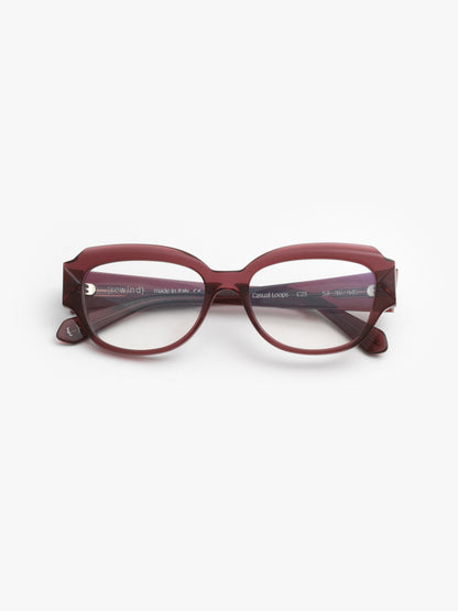 Casual Loops women's eyeglasses by Rewind Eyewear, marsala red transparent acetate frame
