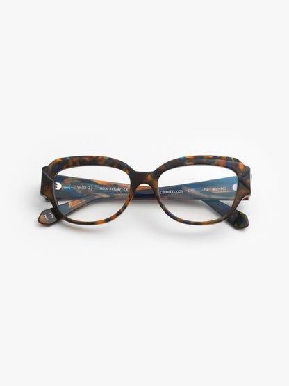 Casual Loops women's eyeglasses by Rewind Eyewear, brown tortoise blue  acetate frame
