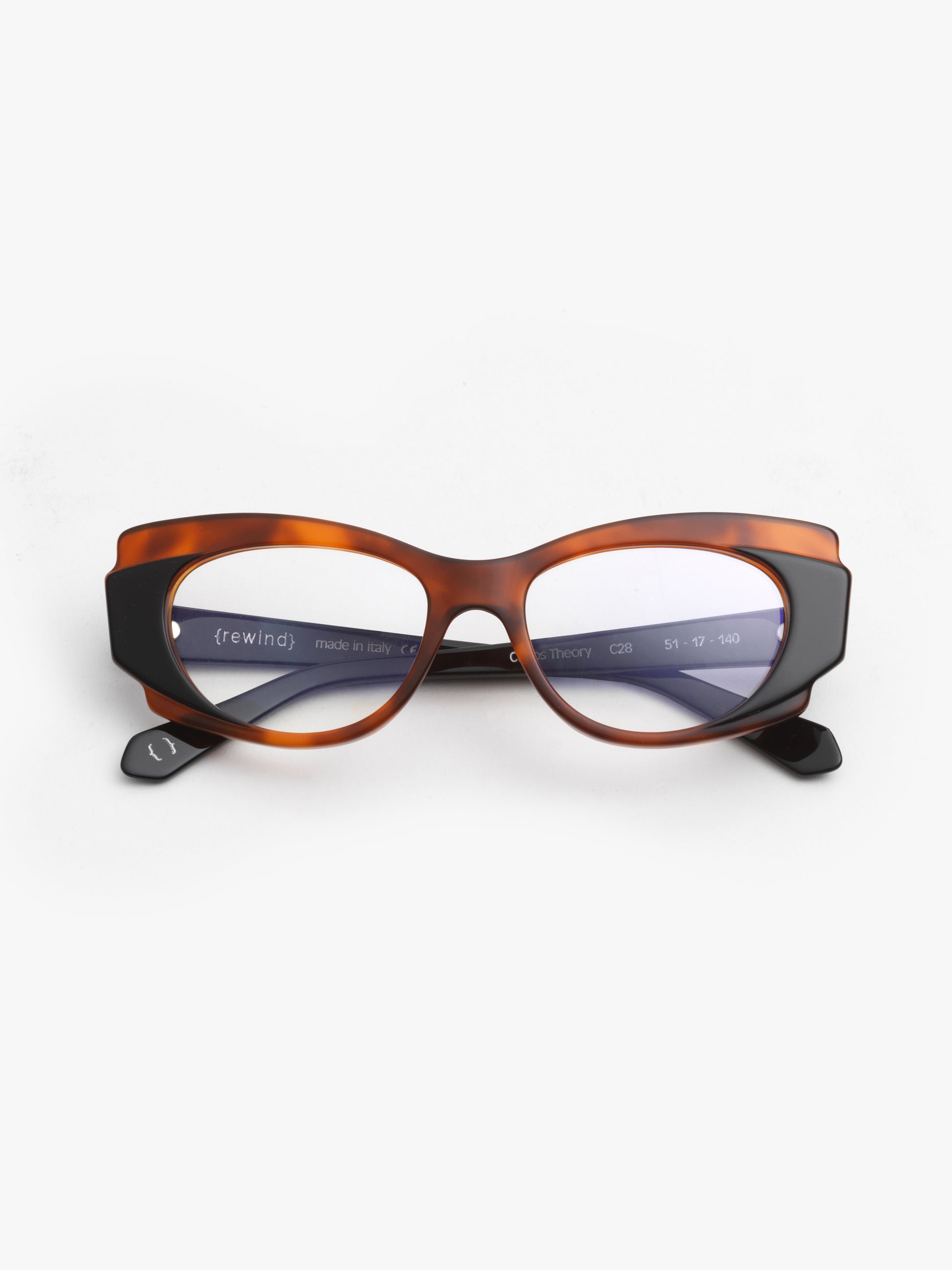 Chaos Theory women's eyeglasses by Rewind Eyewear, tortoise with black top acetate frame