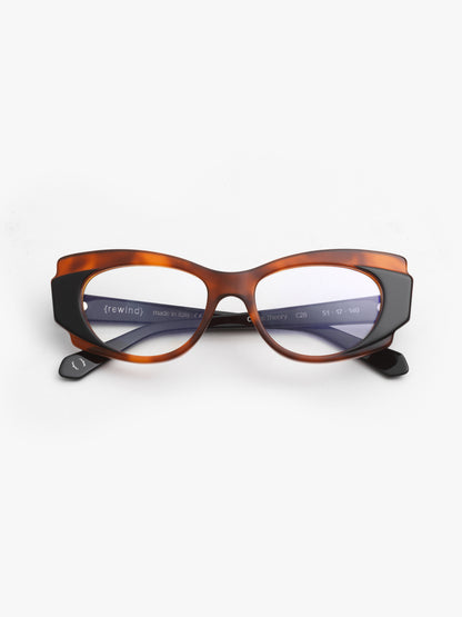 Chaos Theory women's eyeglasses by Rewind Eyewear, tortoise with black top acetate frame