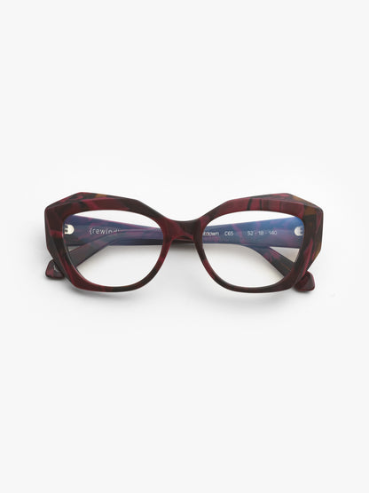 Countdown women's eyeglasses by Rewind Eyewear, marbled red acetate frame