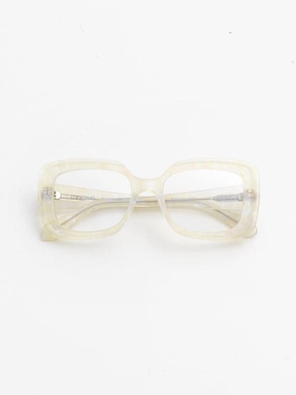 Deja-Vu unisex eyeglasses by Rewind Eyewear, opalescent pearl white acetate frame