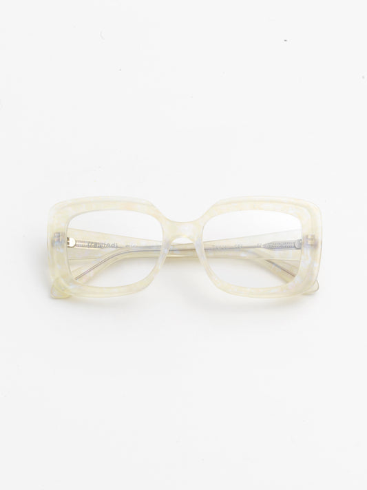 Deja-Vu unisex eyeglasses by Rewind Eyewear, opalescent pearl white acetate frame