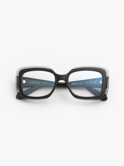 Deja-Vu unisex eyeglasses by Rewind Eyewear,  transparent with black top acetate frame