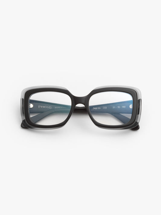 Deja-Vu unisex eyeglasses by Rewind Eyewear,  transparent with black top acetate frame