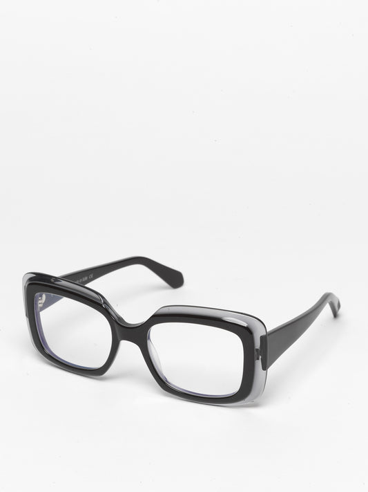 Deja-Vu unisex eyeglasses by Rewind Eyewear,  transparent with black top acetate frame