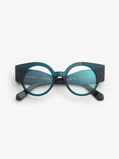 Double Life unisex eyeglasses by Rewind Eyewear, petrol green transparent acetate frame