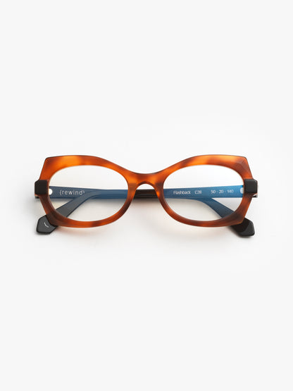 Flashback women's eyeglasses by Rewind Eyewear, tortoise with black top acetate frame