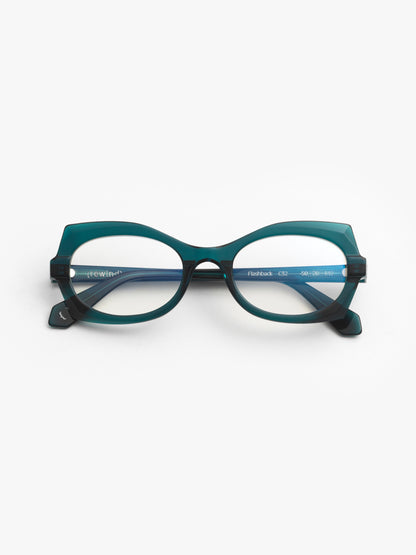 Flashback women's eyeglasses by Rewind Eyewear, petrol green transparent acetate frame