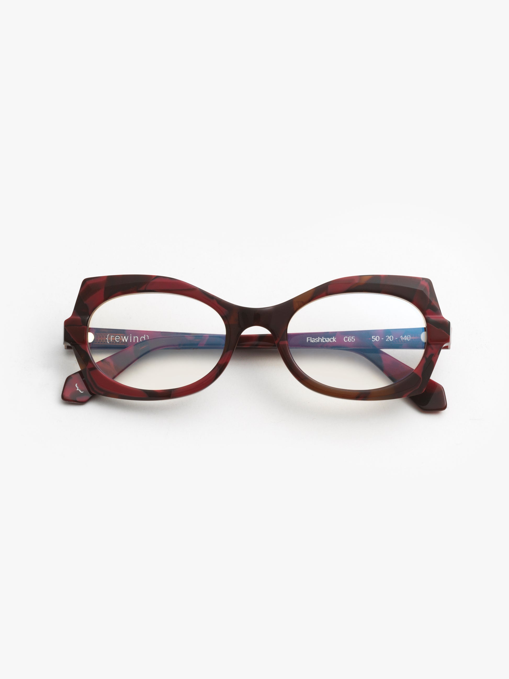 Flashback women's eyeglasses by Rewind Eyewear, marbled red acetate frame