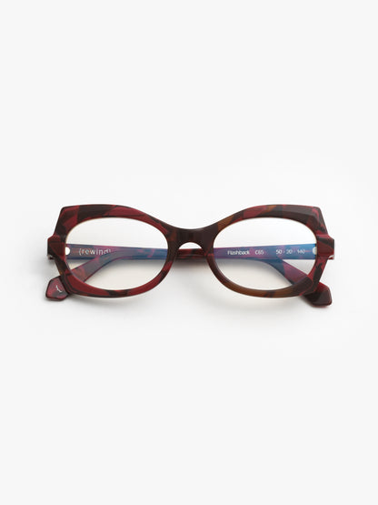 Flashback women's eyeglasses by Rewind Eyewear, marbled red acetate frame