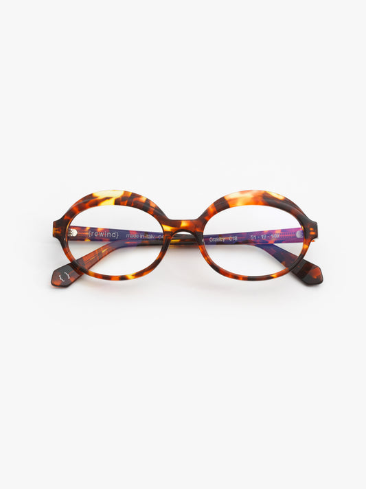 Gravity women's eyeglasses by Rewind Eyewear, orange spotted tortoise acetate frame
