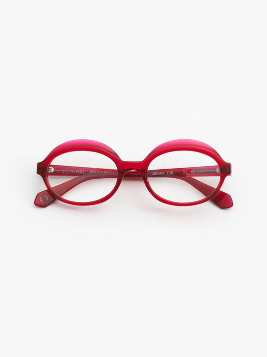 Gravity women's eyeglasses by Rewind Eyewear, cherry red transparent acetate frame
