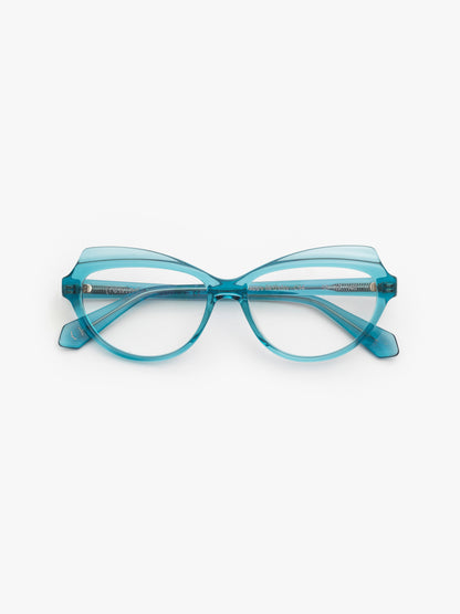 Happy Birthday women's eyeglasses by Rewind Eyewear, turquoise blue transparent acetate frame
