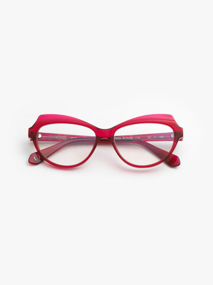 Happy Birthday women's eyeglasses by Rewind Eyewear, cherry red transparent acetate frame

