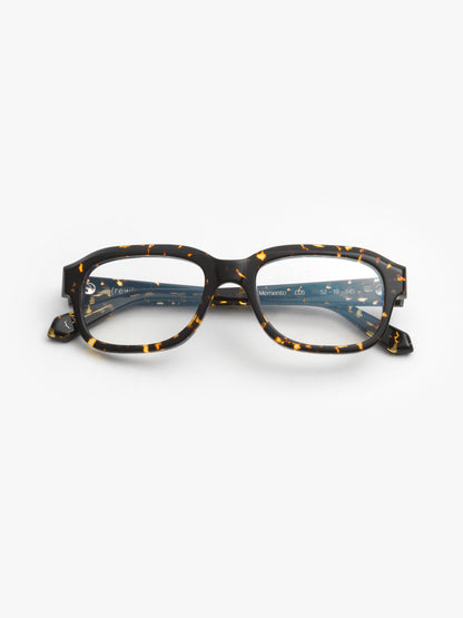 Memento unisex eyeglasses by Rewind Eyewear, dark spotted tortoise acetate frame