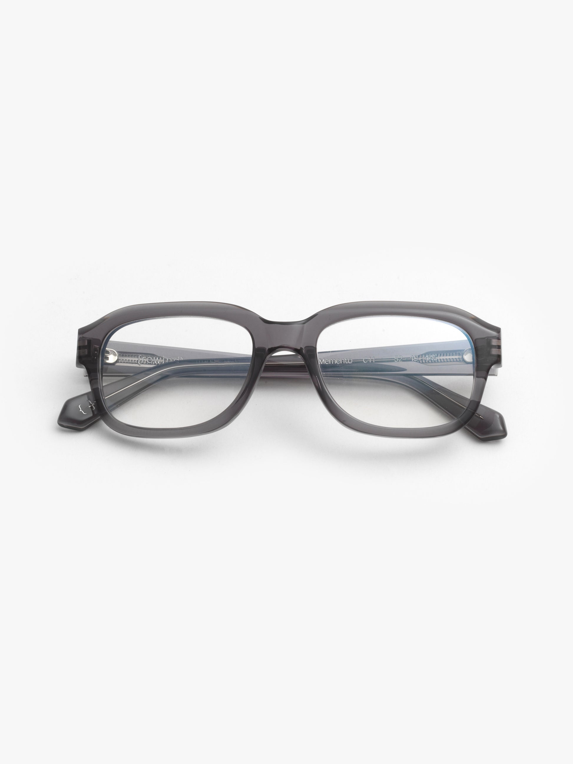 Memento unisex eyeglasses by Rewind Eyewear, grey transparent acetate frame
