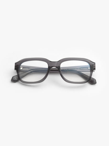 Memento unisex eyeglasses by Rewind Eyewear, grey transparent acetate frame