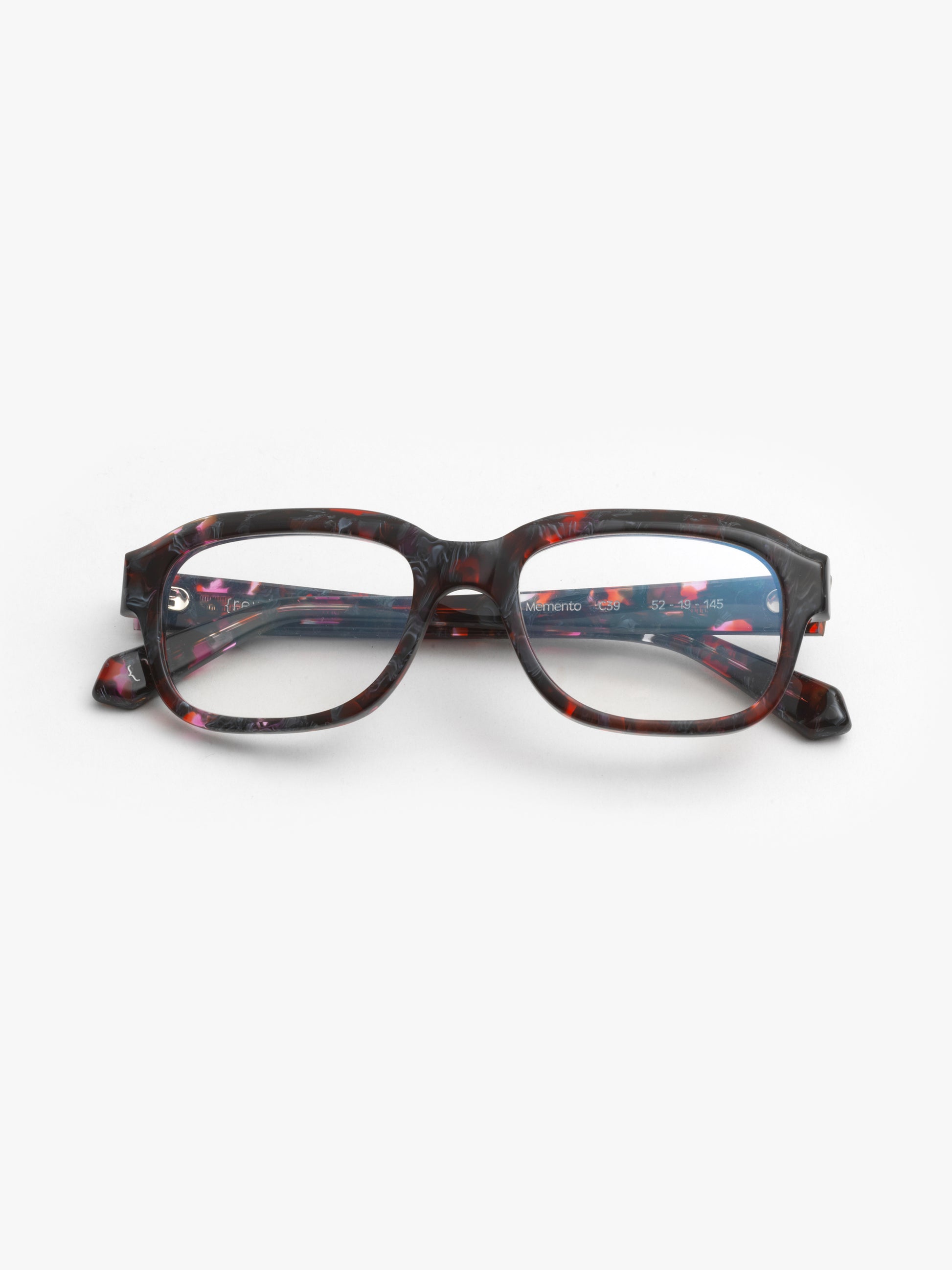 Memento unisex eyeglasses by Rewind Eyewear, black and red tortoise acetate frame
