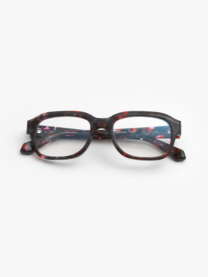Memento unisex eyeglasses by Rewind Eyewear, black and red tortoise acetate frame