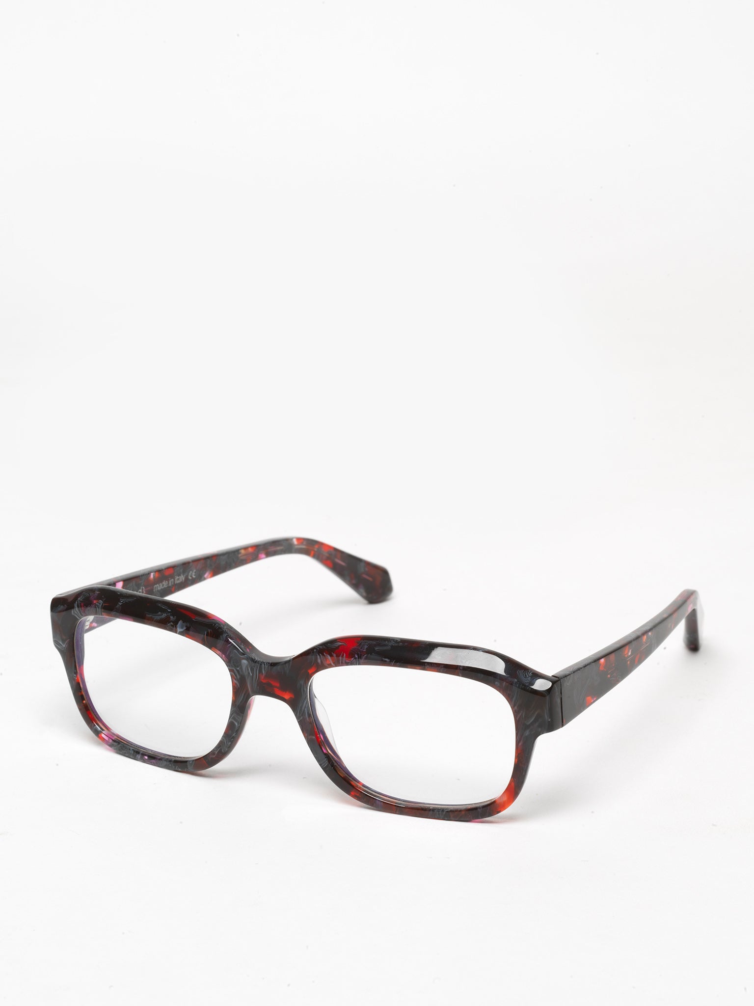 Memento unisex eyeglasses by Rewind Eyewear, black and red tortoise acetate frame