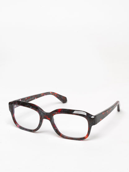 Memento unisex eyeglasses by Rewind Eyewear, black and red tortoise acetate frame