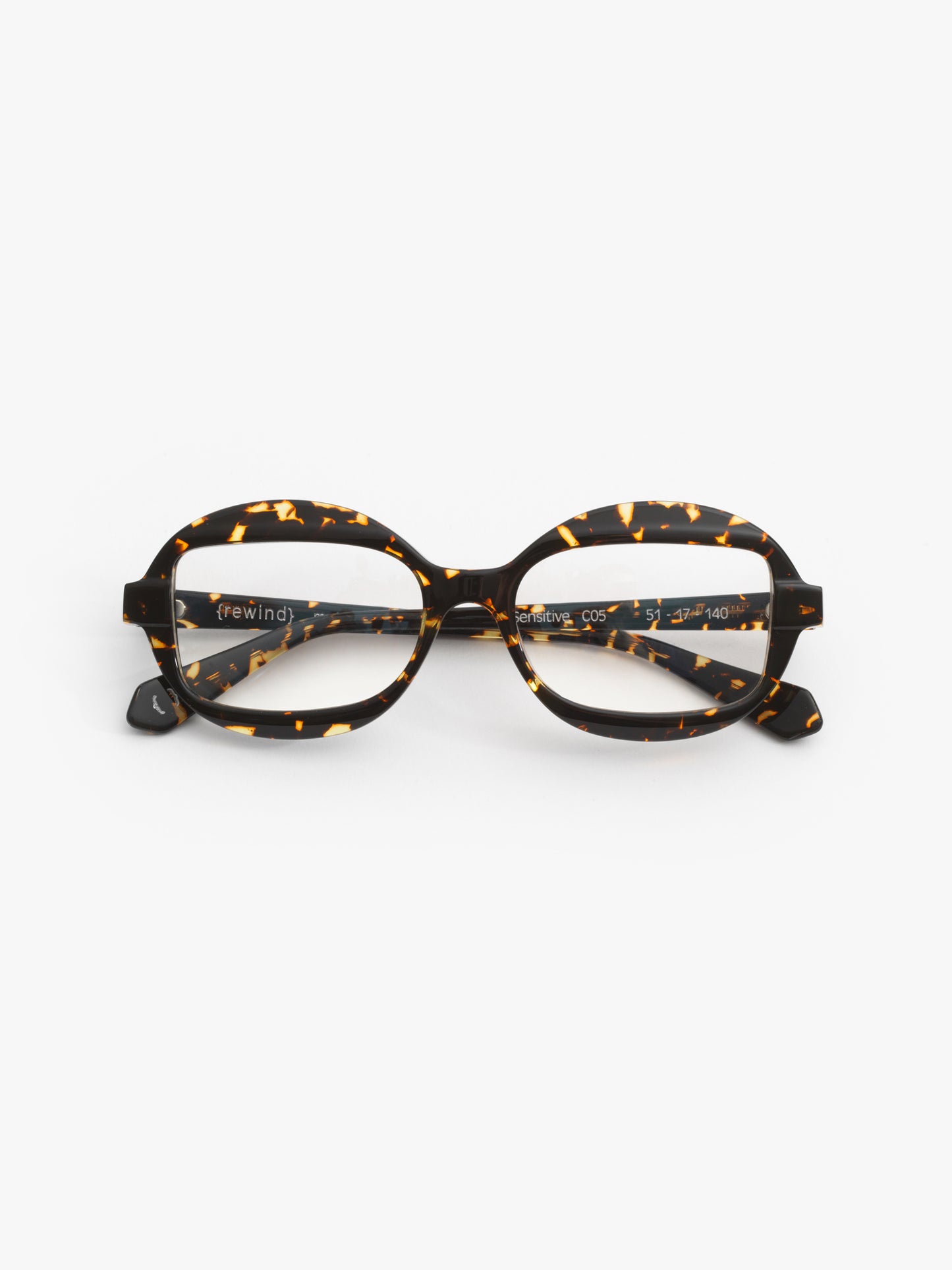 Sensitive unisex eyeglasses by Rewind Eyewear, dark spotted tortoise acetate frame