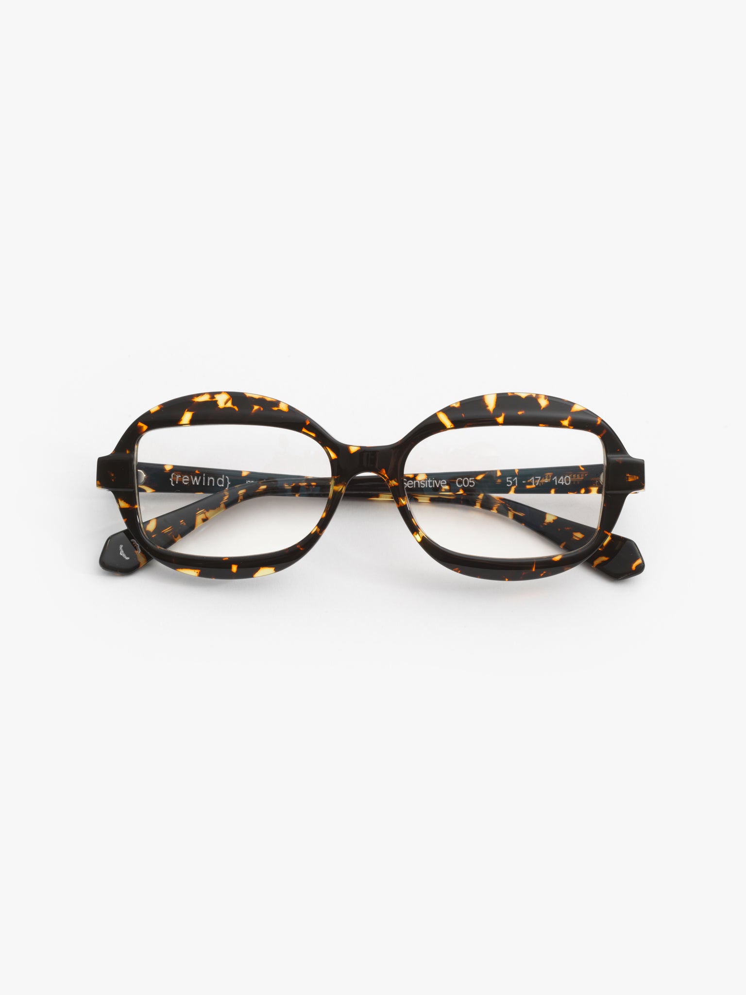 Sensitive unisex eyeglasses by Rewind Eyewear, dark spotted tortoise acetate frame
