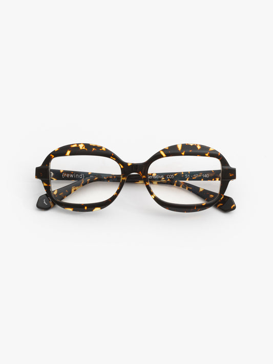 Sensitive unisex eyeglasses by Rewind Eyewear, dark spotted tortoise acetate frame