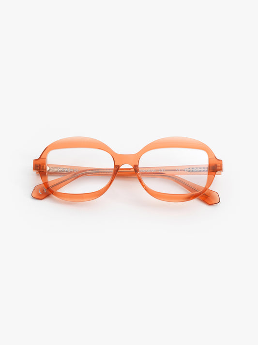 Sensitive unisex eyeglasses by Rewind Eyewear, orange transparent acetate frame