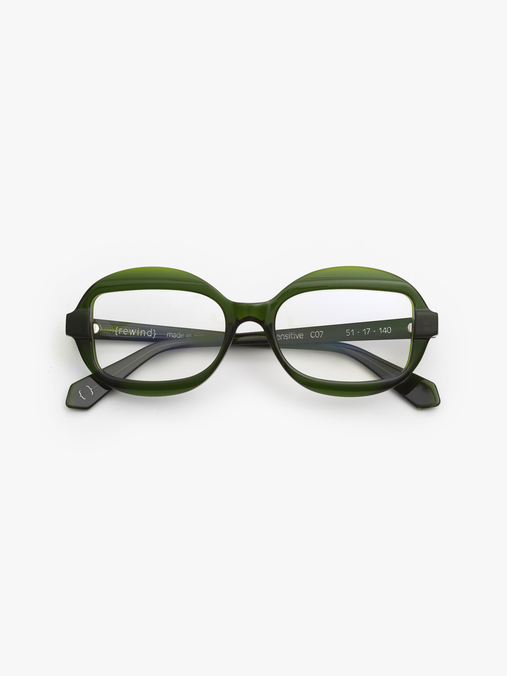 Sensitive unisex eyeglasses by Rewind Eyewear, green transparent acetate frame