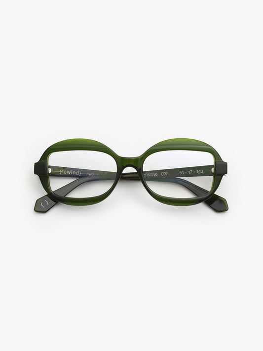 Sensitive unisex eyeglasses by Rewind Eyewear, green transparent acetate frame