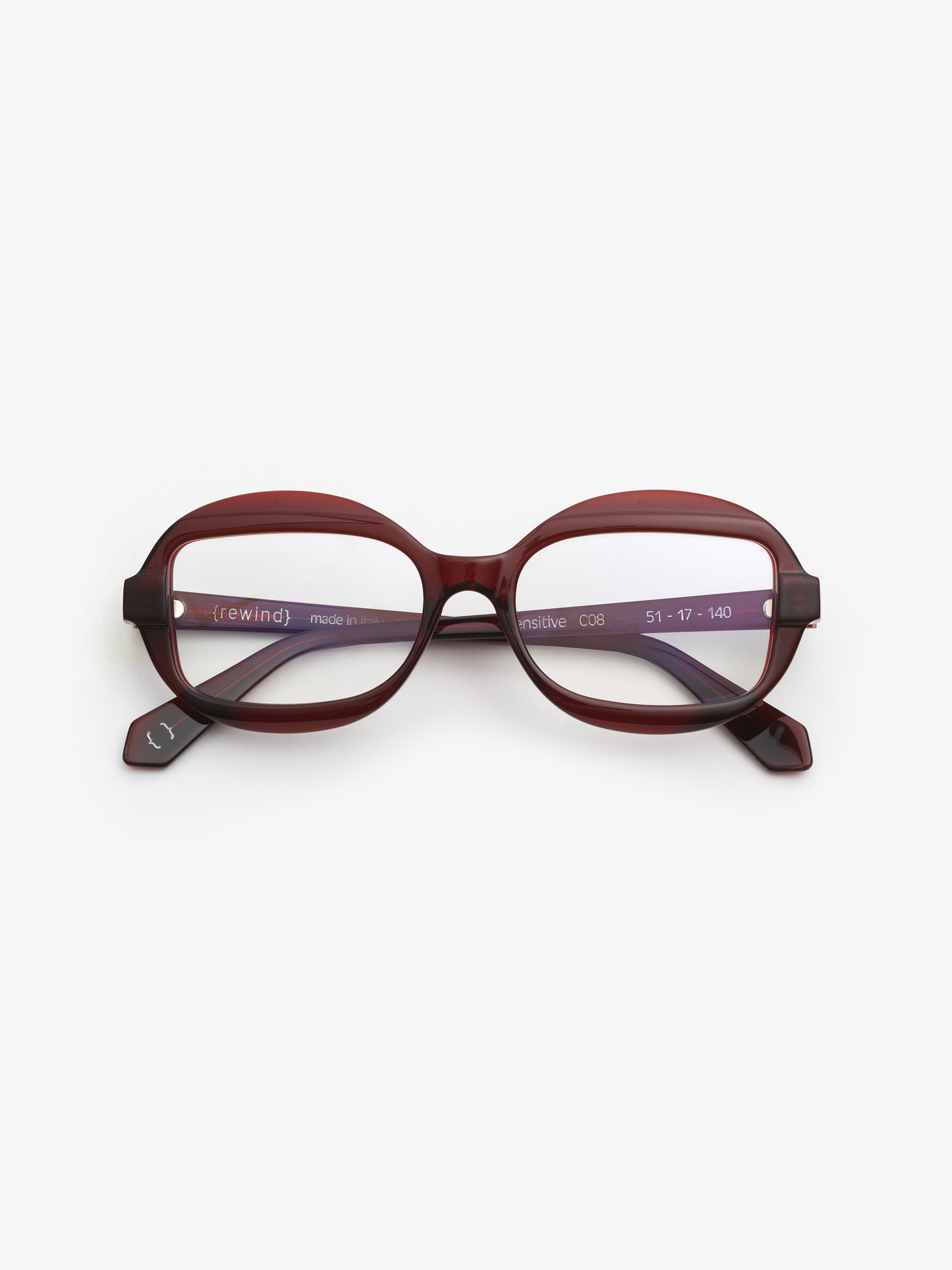 Sensitive unisex eyeglasses by Rewind Eyewear, dark red transparent acetate frame