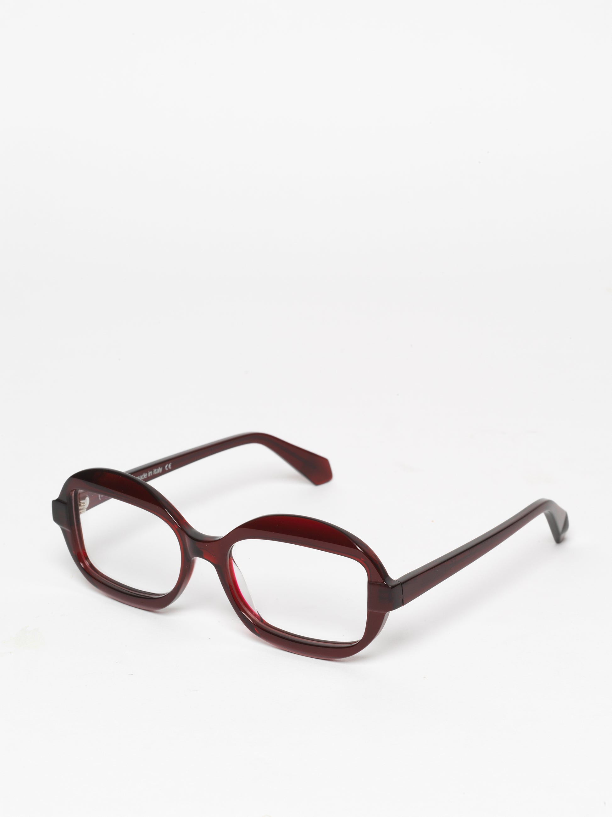 Sensitive unisex eyeglasses by Rewind Eyewear, dark red transparent acetate frame