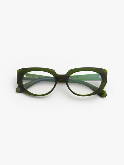 Sliding Doors women's eyeglasses by Rewind Eyewear, green transparent acetate frame