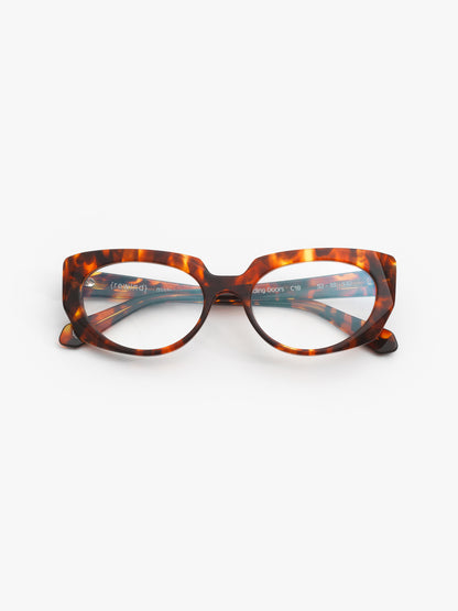 Sliding Doors women's eyeglasses by Rewind Eyewear, orange spotted tortoise acetate frame