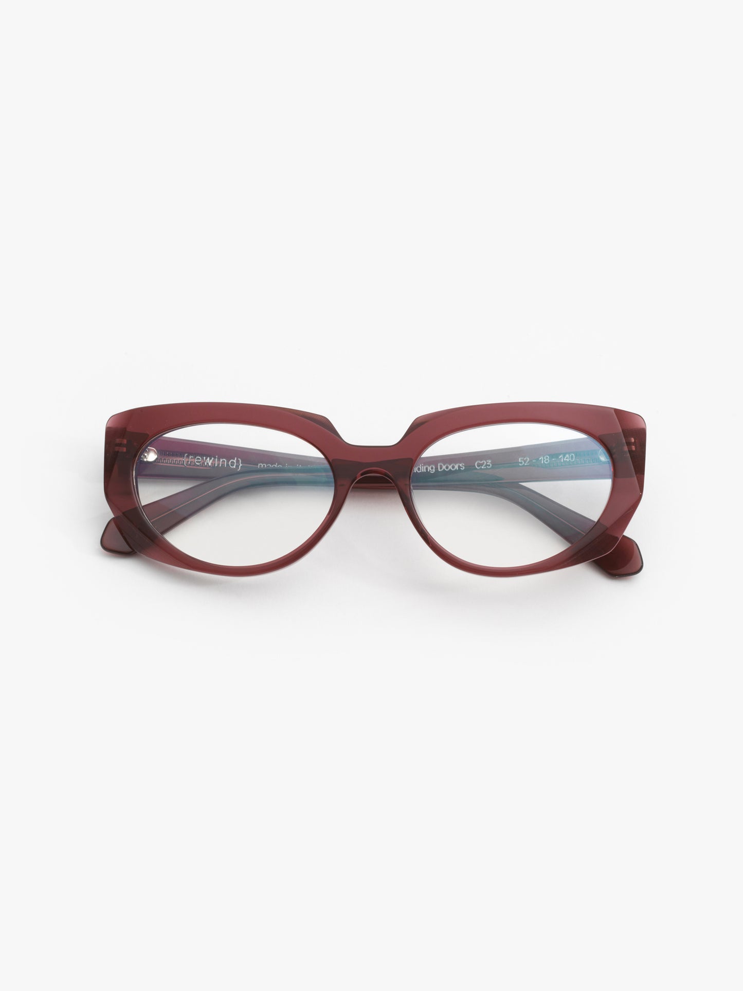 Sliding Doors women's eyeglasses by Rewind Eyewear, marsala red transparent acetate frame