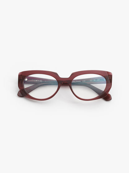 Sliding Doors women's eyeglasses by Rewind Eyewear, marsala red transparent acetate frame